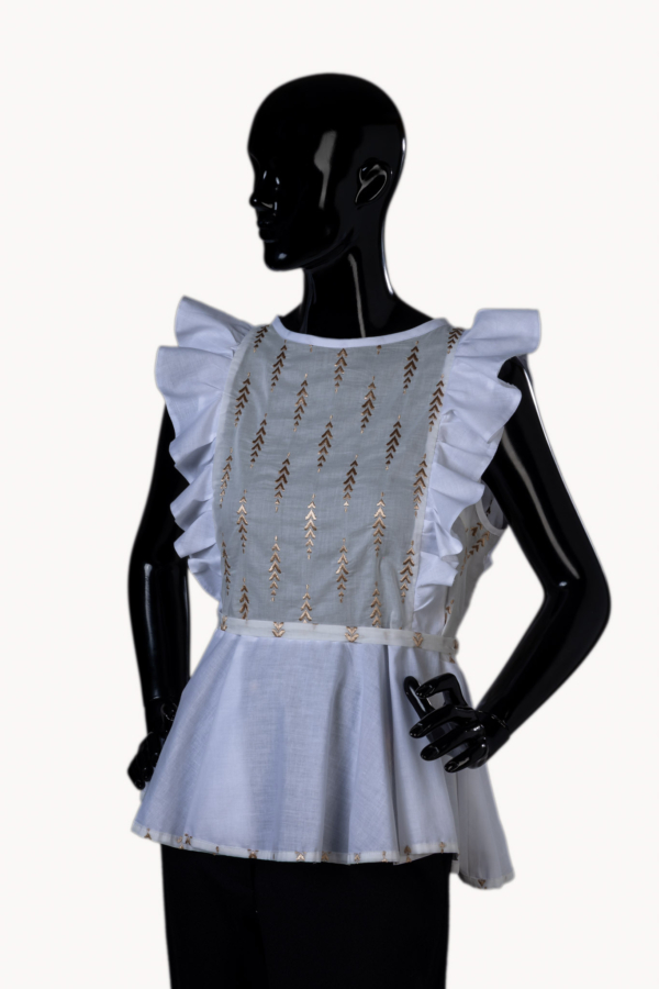 Handmade women’s cotton top with ruffle and gold embroidery