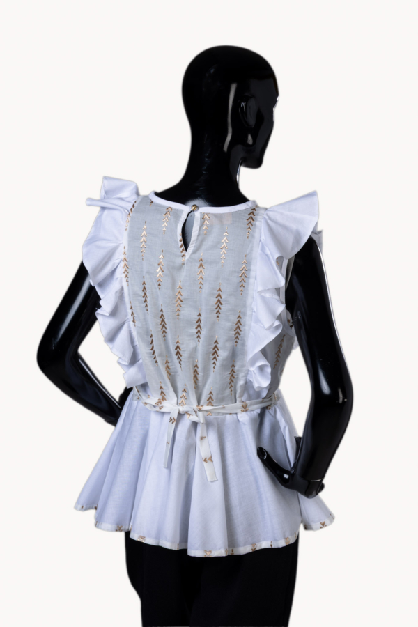 Handmade women’s cotton top with ruffle and gold embroidery