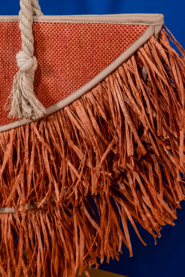 Handmade woven raffia tote bag with fringe “Aurelia Fringe Raffia Tote”